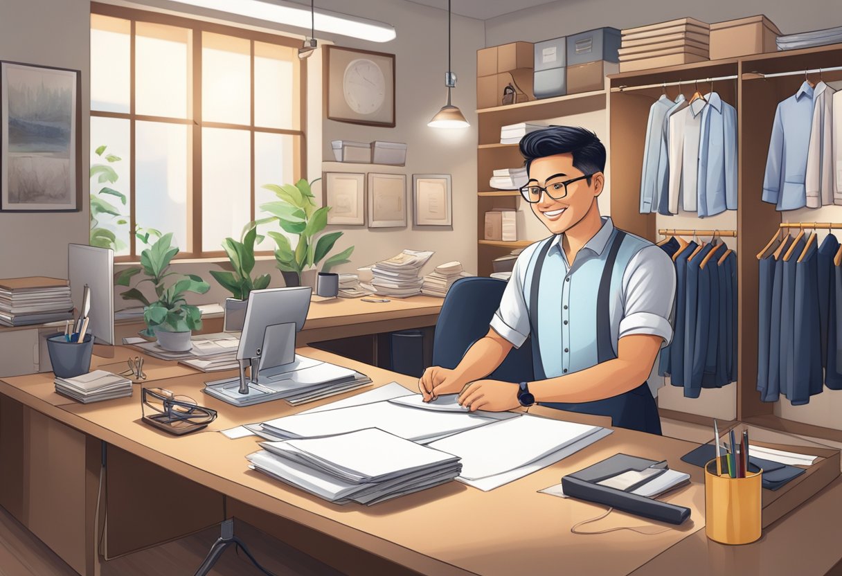 A tailor in Singapore answering common questions with a warm smile and neatly organized workspace