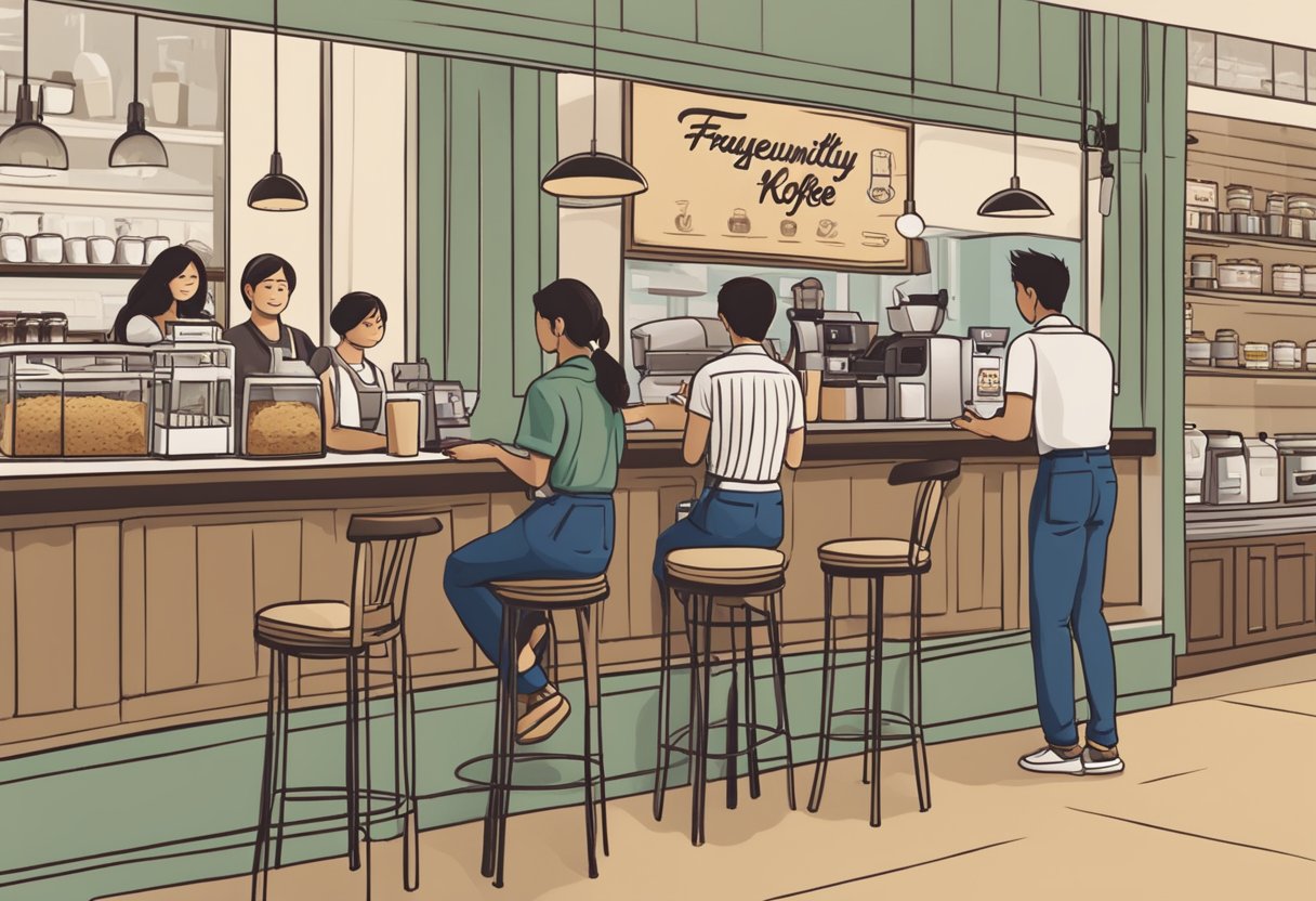A bustling coffee shop with customers lining up, a friendly barista serving drinks, and a prominent sign displaying "Frequently Asked Questions yahava koffee works singapore."