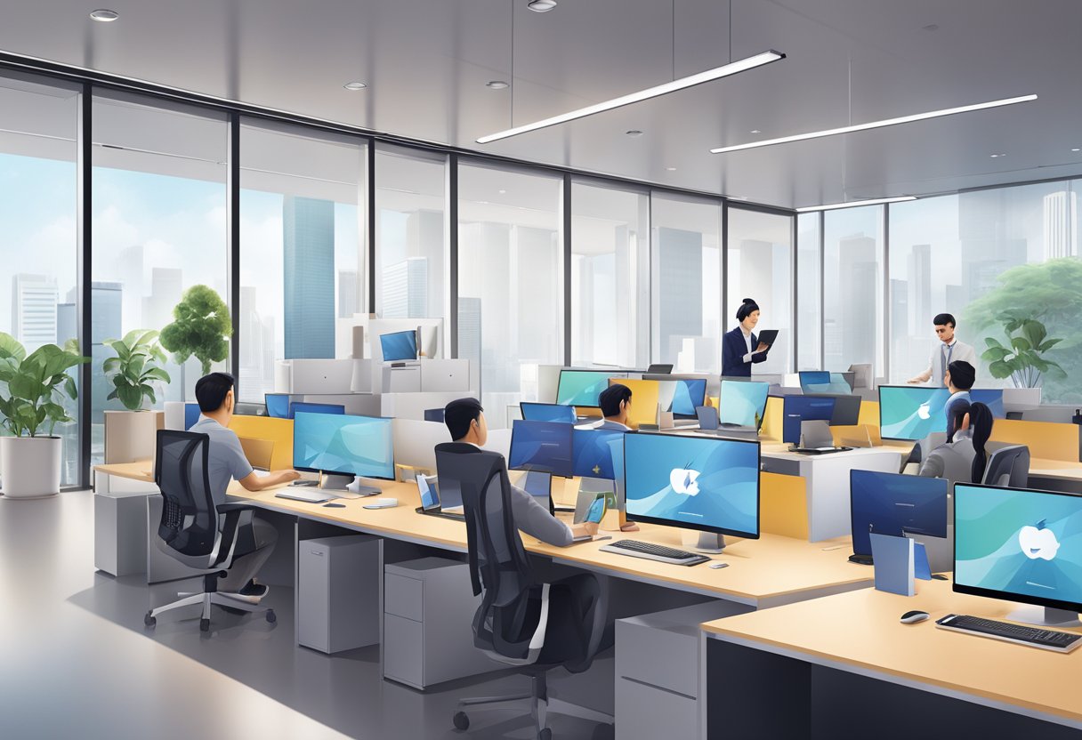 A modern office setting with Apple branding, tech support staff assisting customers, and a sleek, professional atmosphere in Singapore