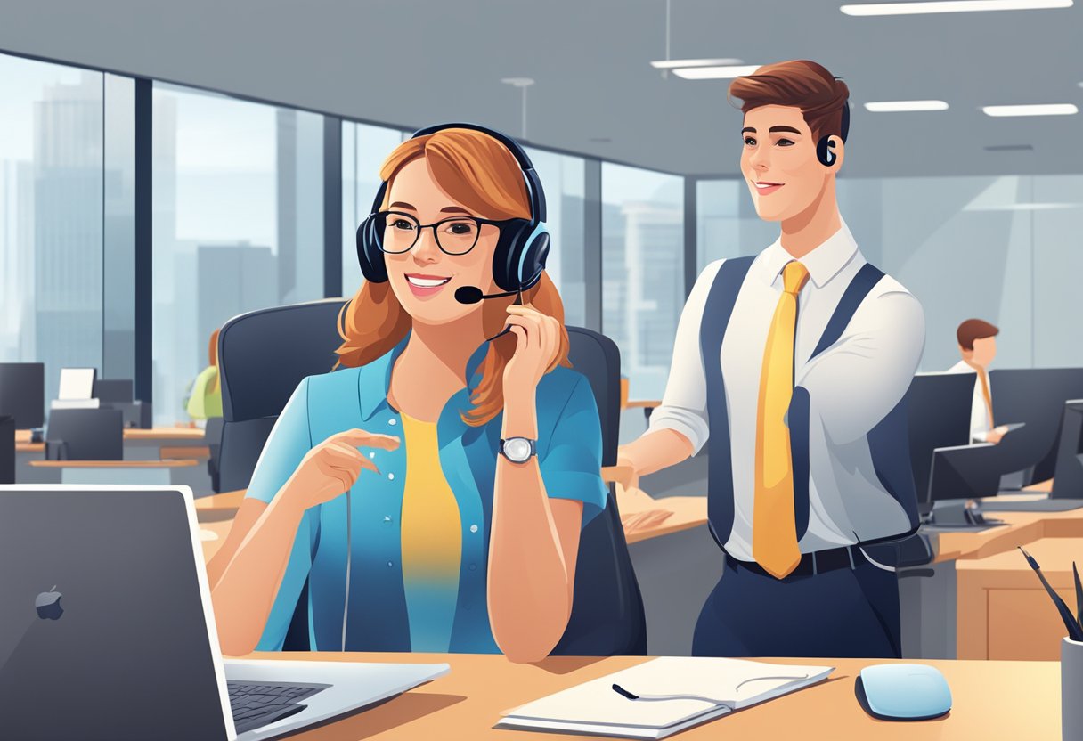 A customer service representative assists a client with Apple support in a modern office setting