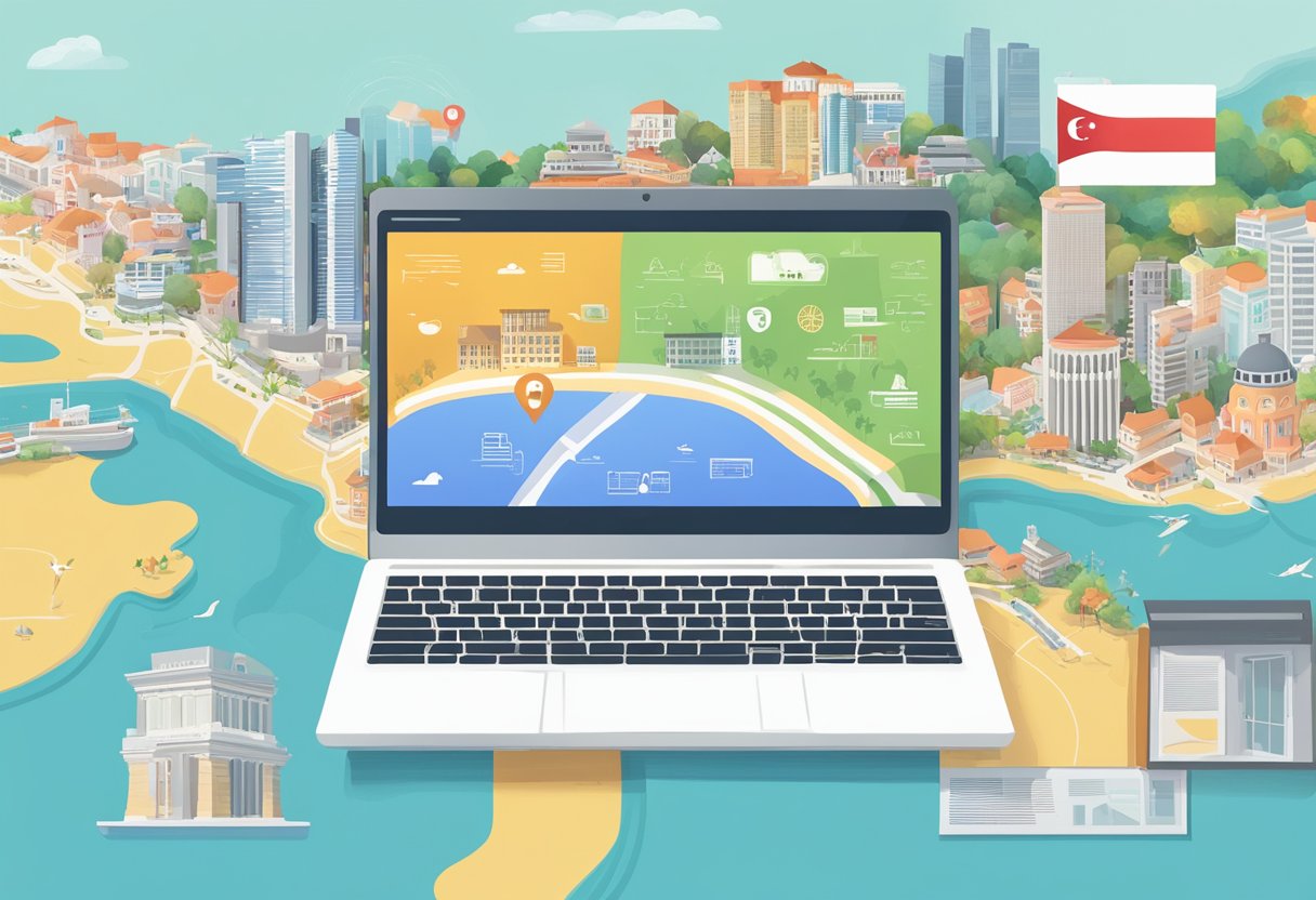 A laptop displaying 99.co homepage, surrounded by a map of Singapore and various real estate listings