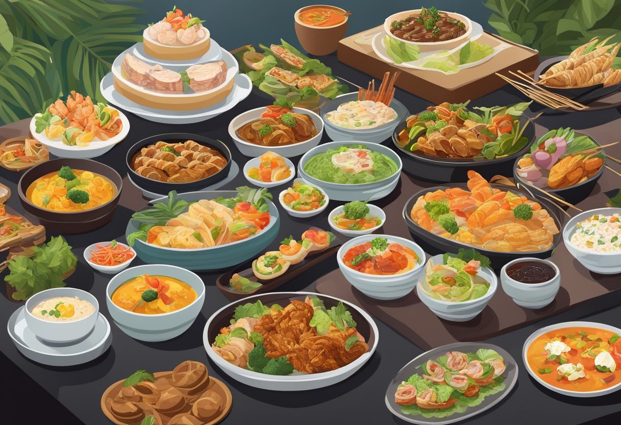 A lavish buffet spread in Singapore, featuring a colorful array of local and international cuisines, with steaming hot dishes and tantalizing desserts