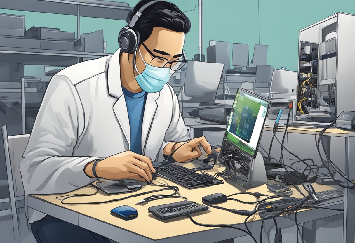A technician repairing an Apple device at a service center in Singapore