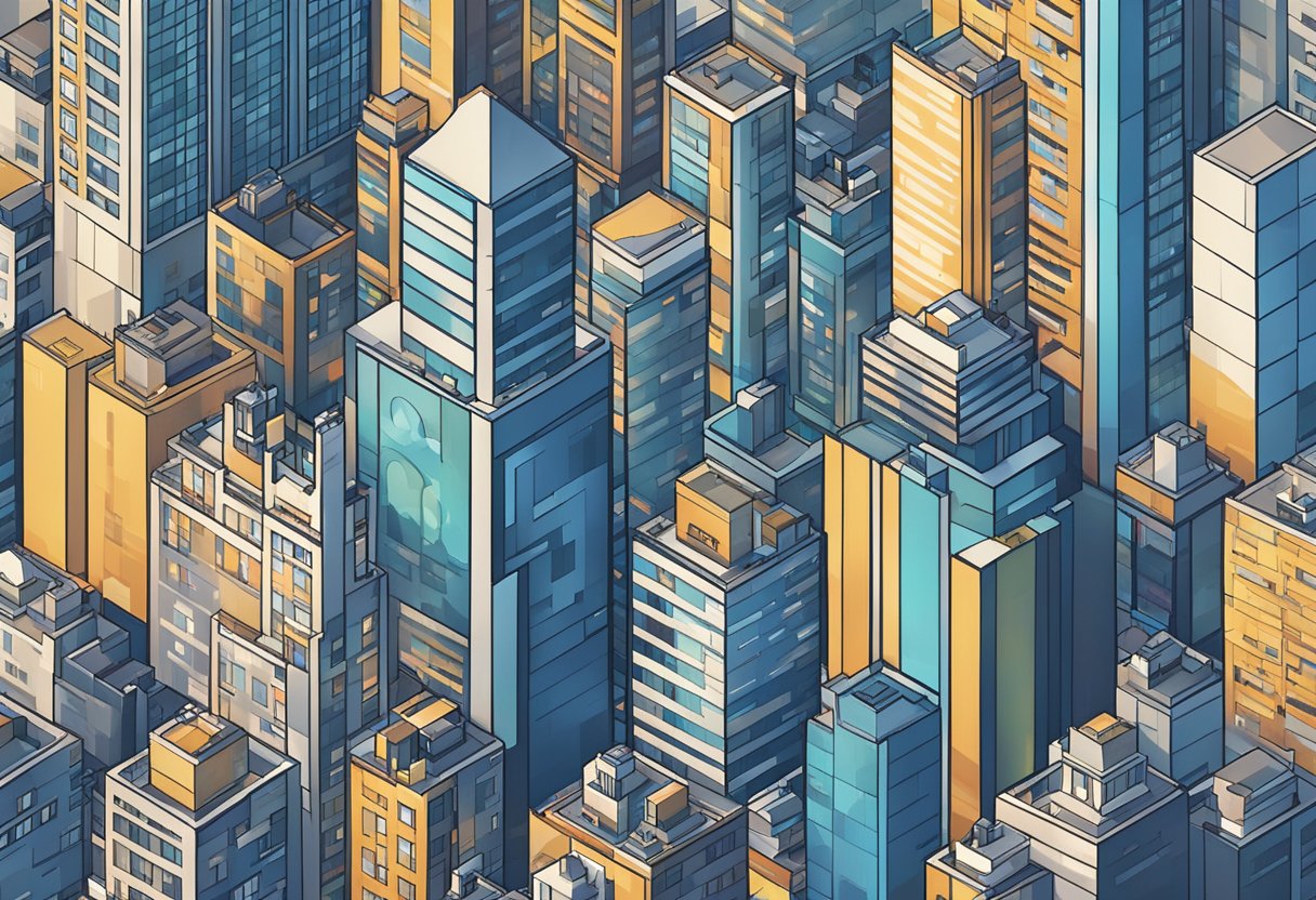 A bustling city skyline with 99.co's logo prominently displayed on a high-rise building, surrounded by modern architecture and bustling streets below