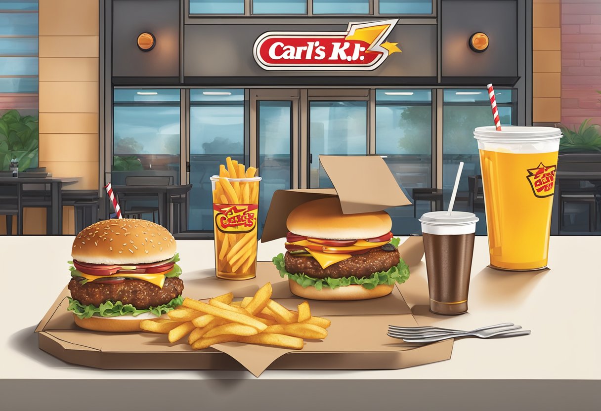 A table set with Carl's Jr. Singapore menu items, including burgers, fries, and drinks, with the iconic logo in the background