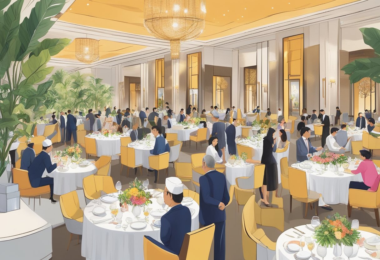 Guests selecting from a wide array of international cuisine at a luxurious buffet dinner in Singapore. Tables adorned with delectable dishes and elegant decor create a vibrant and inviting atmosphere