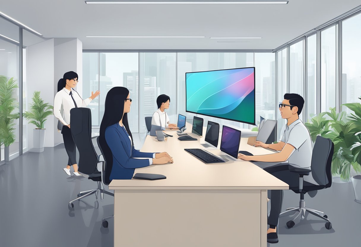 An apple support representative answers questions in a modern office setting in Singapore