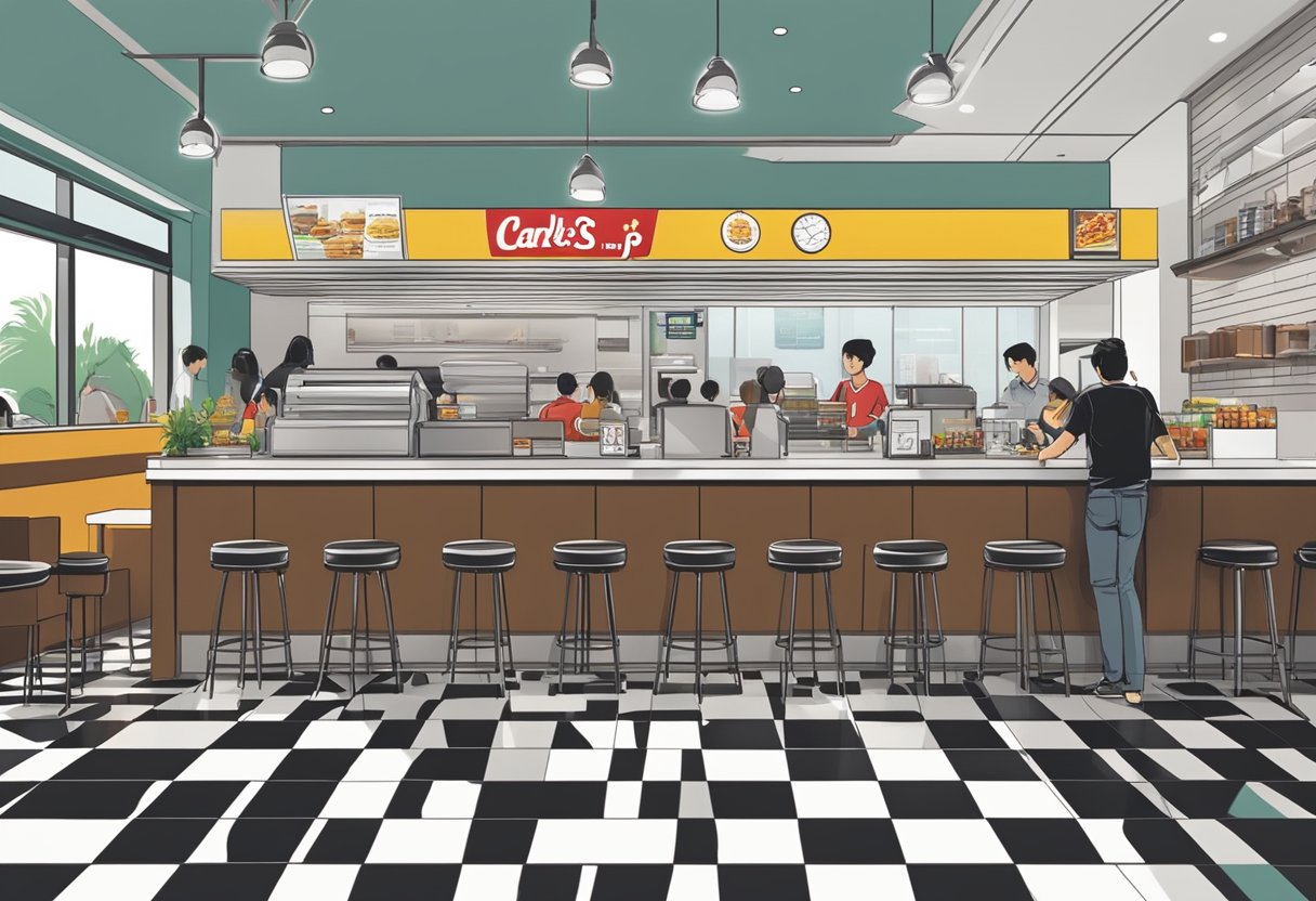 The bustling interior of Carl's Jr. in Singapore, with customers enjoying their meals at sleek tables while staff members work efficiently behind the counter