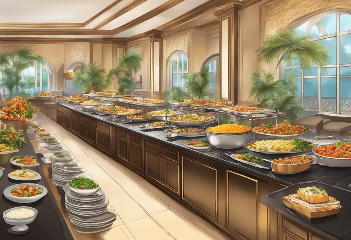 A lavish buffet spread with a variety of international cuisines, surrounded by elegant dining settings and ambient lighting