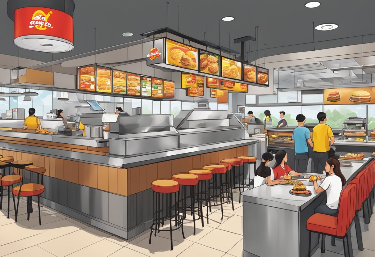 A bustling Carl's Jr. restaurant in Singapore, with customers ordering at the counter and staff preparing burgers in the open kitchen
