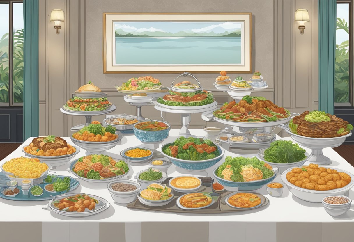 A buffet table filled with various dishes, labeled with "Frequently Asked Questions" signs, set up in a Singaporean dining room