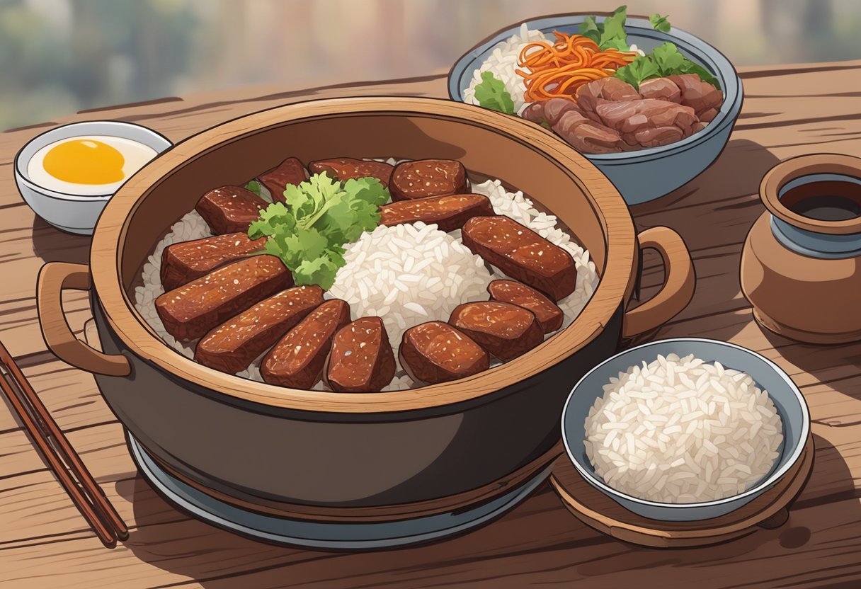 A steaming claypot filled with fragrant rice, topped with juicy chunks of meat and savory Chinese sausage, sits on a rustic wooden table in a bustling hawker center in Singapore