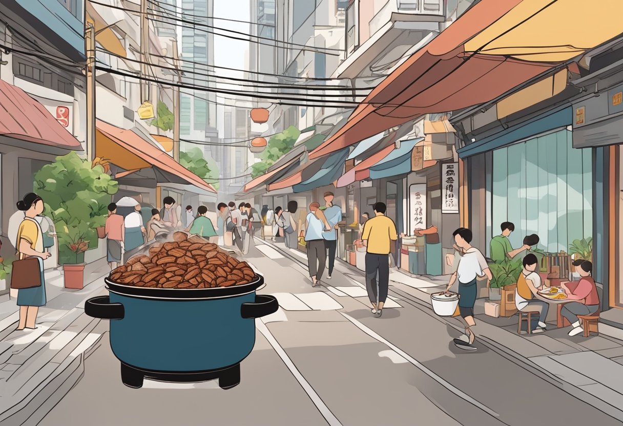 A steaming claypot filled with fragrant rice, tender chunks of meat, and savory Chinese sausage sits on a bustling street in Singapore. The aroma of smoky, caramelized rice wafts through the air, tempting passersby to stop and