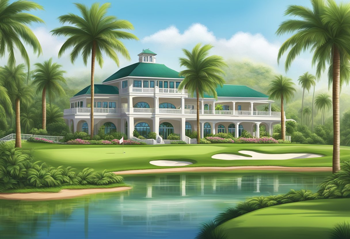 Lush green golf course with elegant clubhouse and palm trees in the backdrop
