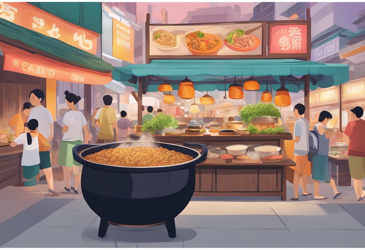A steaming claypot filled with fragrant rice, succulent meats, and savory sauces, surrounded by bustling hawker stalls and colorful signs in Singapore's vibrant street food market