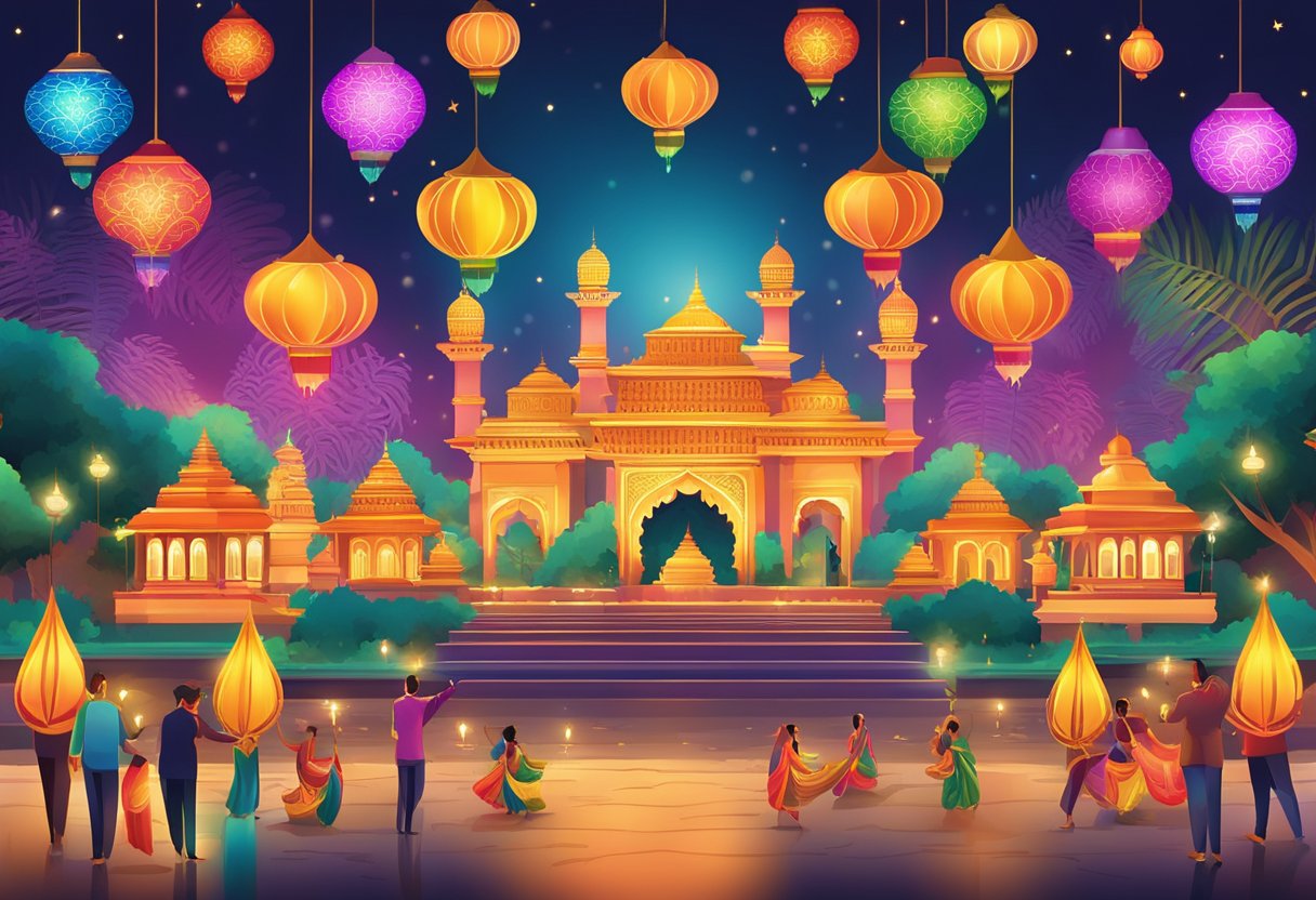Colorful Diwali festival in Singapore, featuring vibrant lights, traditional decorations, and festive music