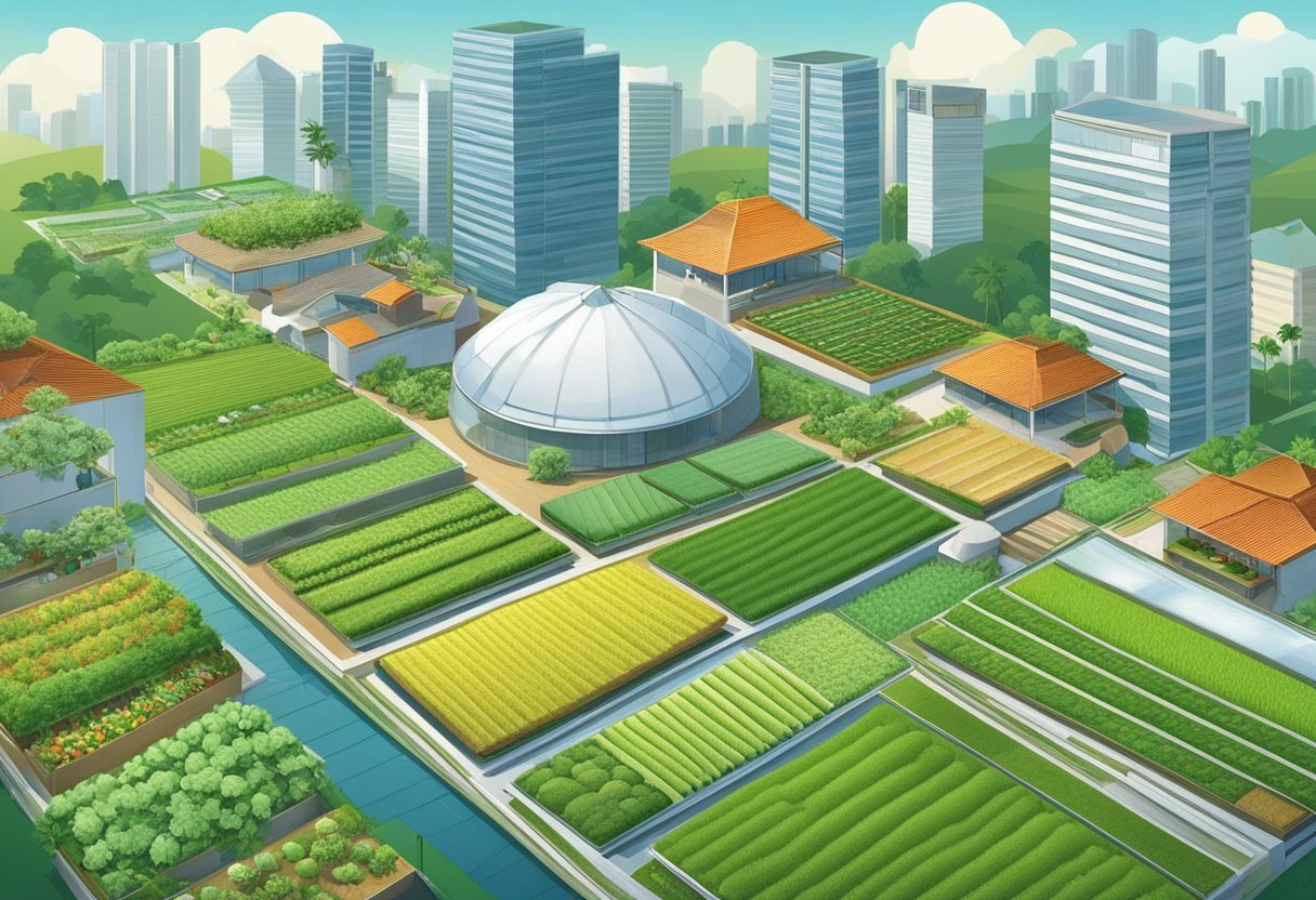 Various farms in Singapore: urban rooftop gardens, traditional rice paddies, and high-tech hydroponic setups, showcasing the diversity of agricultural practices
