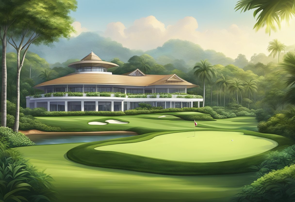 Lush green fairways, manicured putting greens, and elegant clubhouse nestled amidst tropical foliage at a prestigious country club in Singapore
