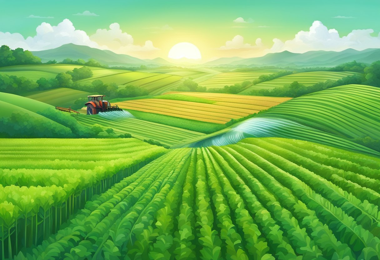 Vibrant green fields of crops stretch across the Singaporean countryside, with modern farm equipment and advanced irrigation systems in use
