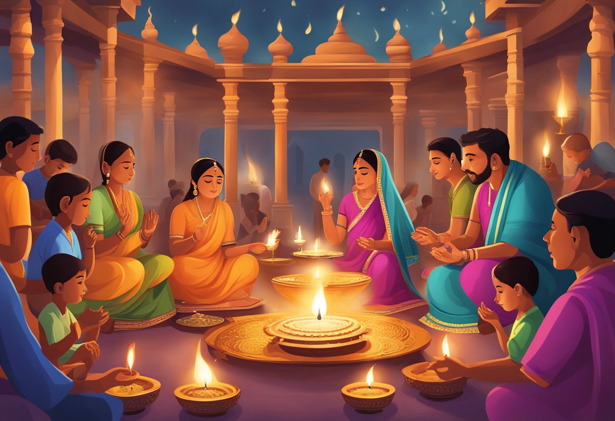 Colorful diya lamps illuminate a family altar. Incense smoke wafts through the air as offerings are placed. A priest performs aarti, while families gather for prayers and festivities