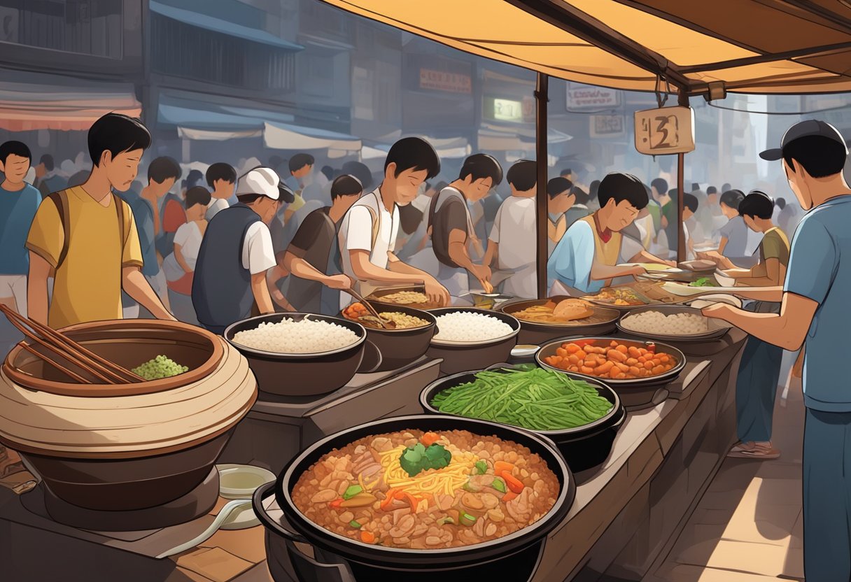 A steaming claypot filled with fragrant rice, topped with savory meats and vegetables, surrounded by bustling hawker stall atmosphere