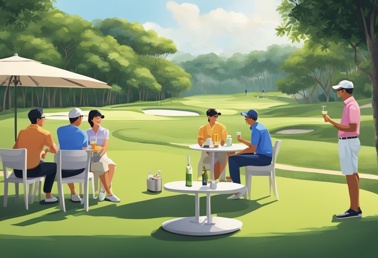 A group of people chatting and enjoying drinks on a lush, well-manicured golf course at a country club in Singapore