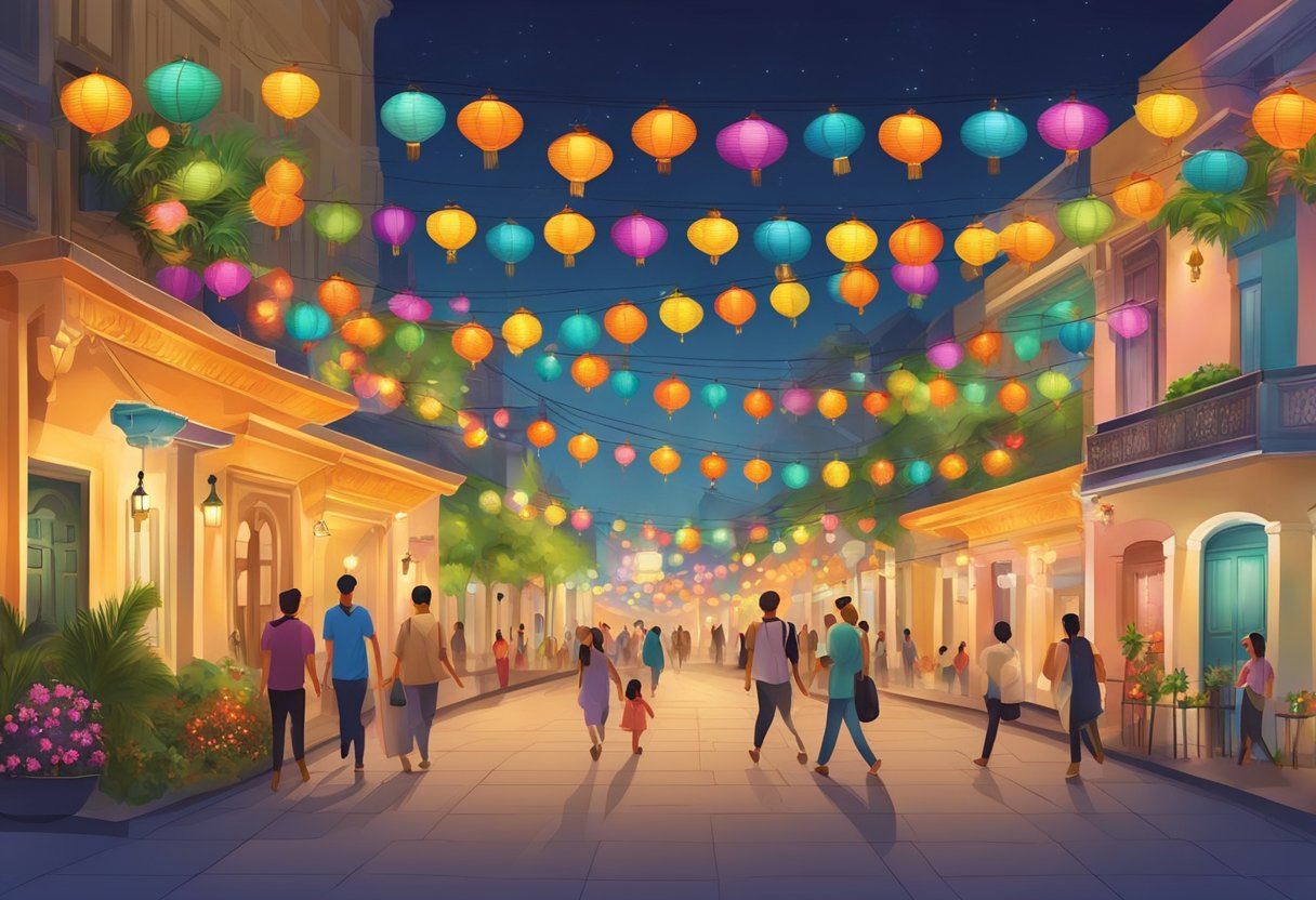 Colorful Diwali decorations light up the streets of Singapore, with lanterns, candles, and festive ornaments adorning buildings and walkways