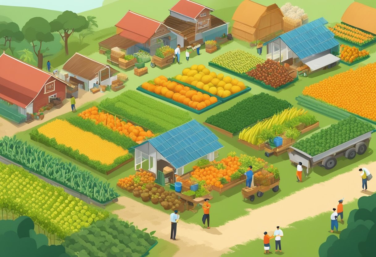A bustling farm in Singapore with signs reading "Frequently Asked Questions" and various crops being tended to by workers