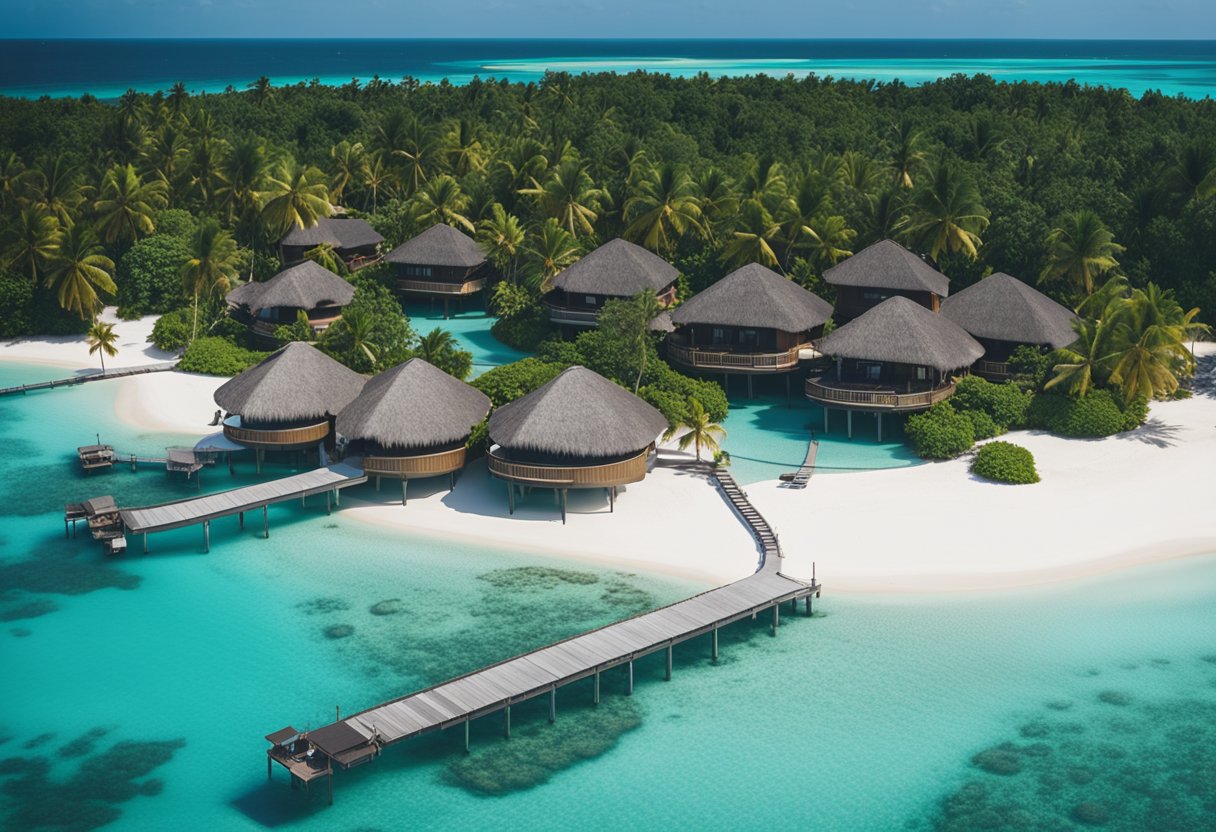 A luxurious Maldives resort with palm-fringed white sand beaches, crystal-clear turquoise waters, overwater bungalows, and family-friendly amenities