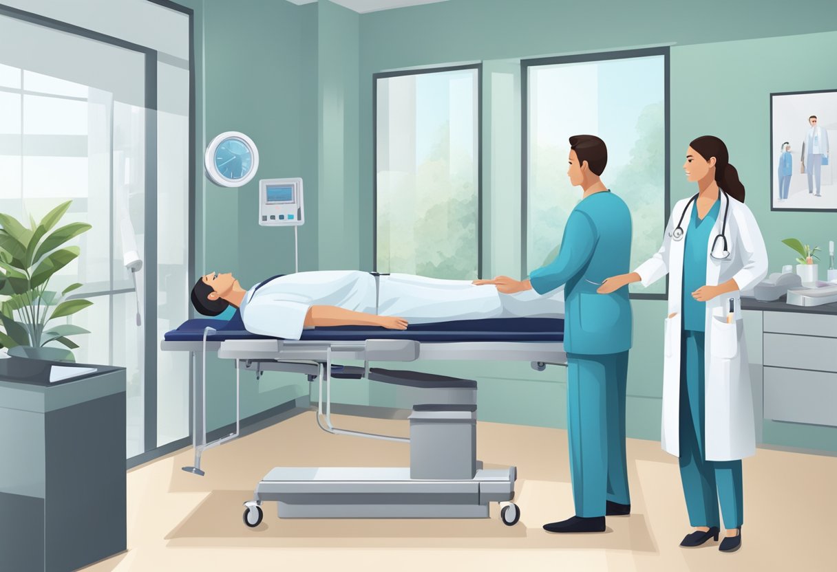 A medical professional conducting a full body checkup in a modern clinic setting