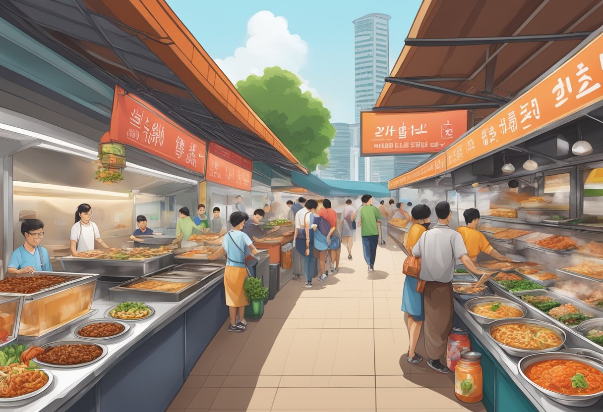 A bustling hawker center in Singapore serves up savory halal Korean dishes, with sizzling bulgogi and fragrant kimchi filling the air