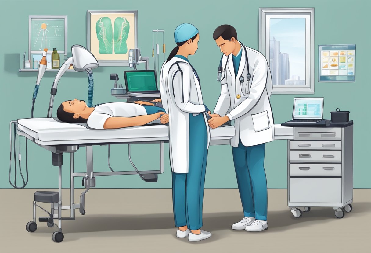 A medical professional conducting a full body checkup, using various equipment and tools to examine different areas of the body