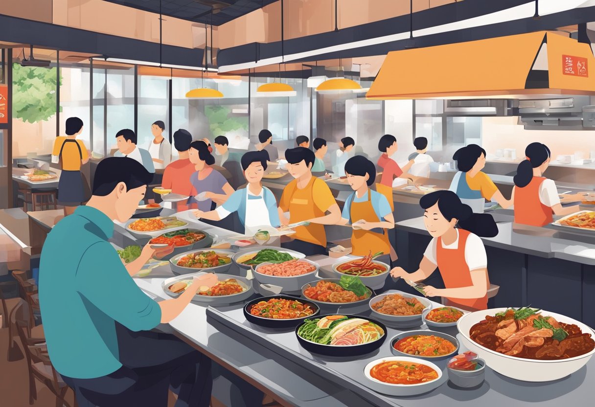 A bustling restaurant with colorful Korean dishes being served to diverse customers in Singapore. The aroma of sizzling meats and spicy kimchi fills the air