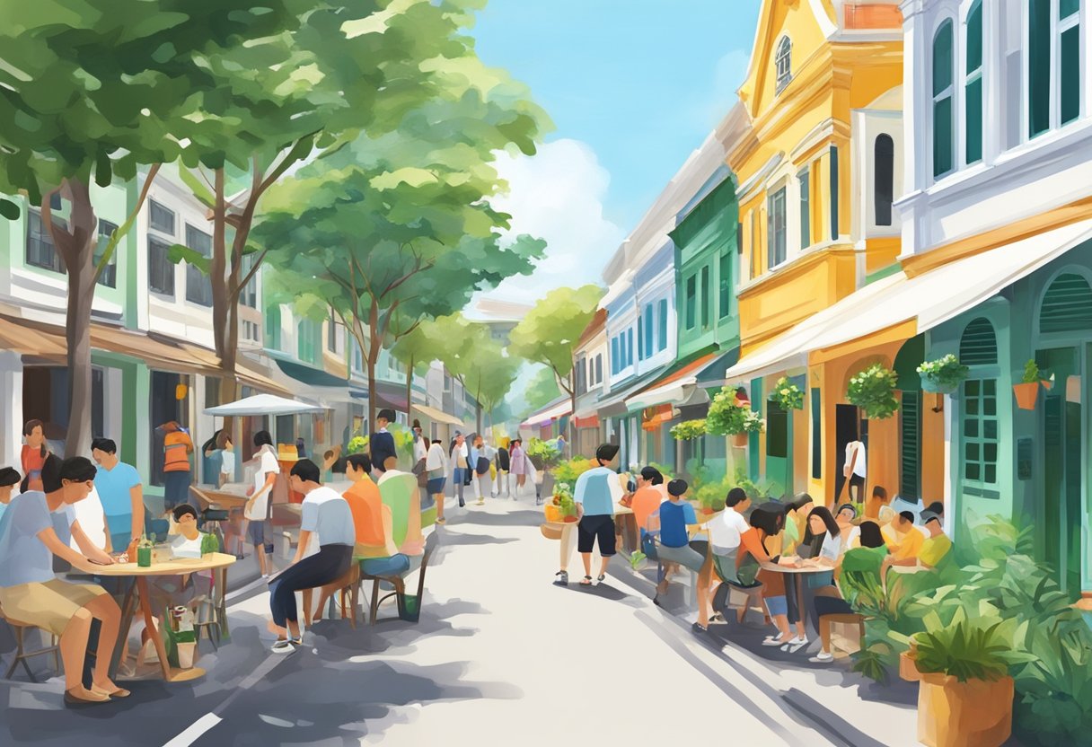 A bustling street in Holland Village, Singapore, with colorful shophouses, outdoor cafes, and lush greenery