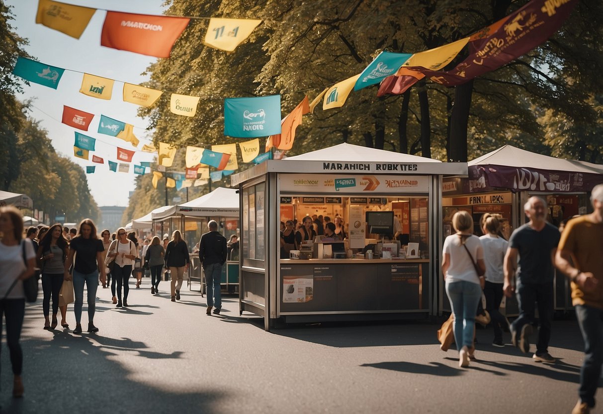 A bustling Berlin street lined with marathon travel package booths, with colorful banners and excited tourists browsing the options