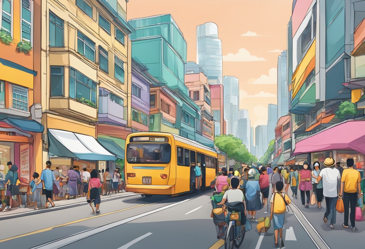 A bustling street in Singapore, with colorful shopfronts and bustling crowds. The iconic skyline of the city can be seen in the background