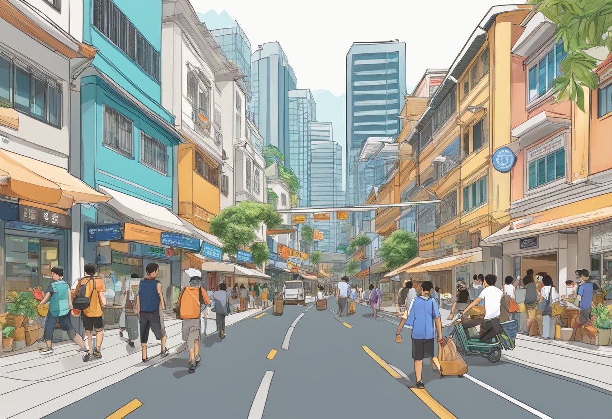 A bustling Singapore street with diverse signage in English and Inlis, showcasing the multicultural and multilingual nature of the city