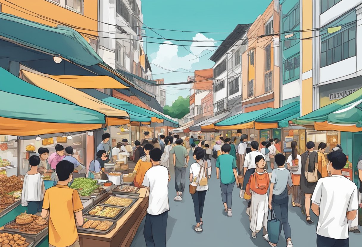 A bustling street in Singapore, with vibrant halal Korean food stalls, where locals and tourists alike enjoy diverse culinary offerings