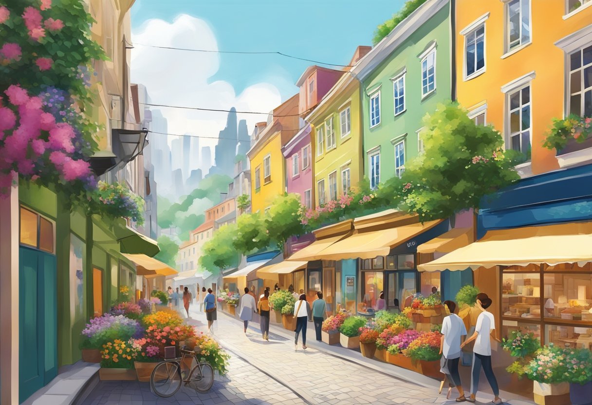 A bustling street lined with colorful shops and cafes, surrounded by lush greenery and vibrant flowers. Tall buildings and narrow alleys create a lively atmosphere