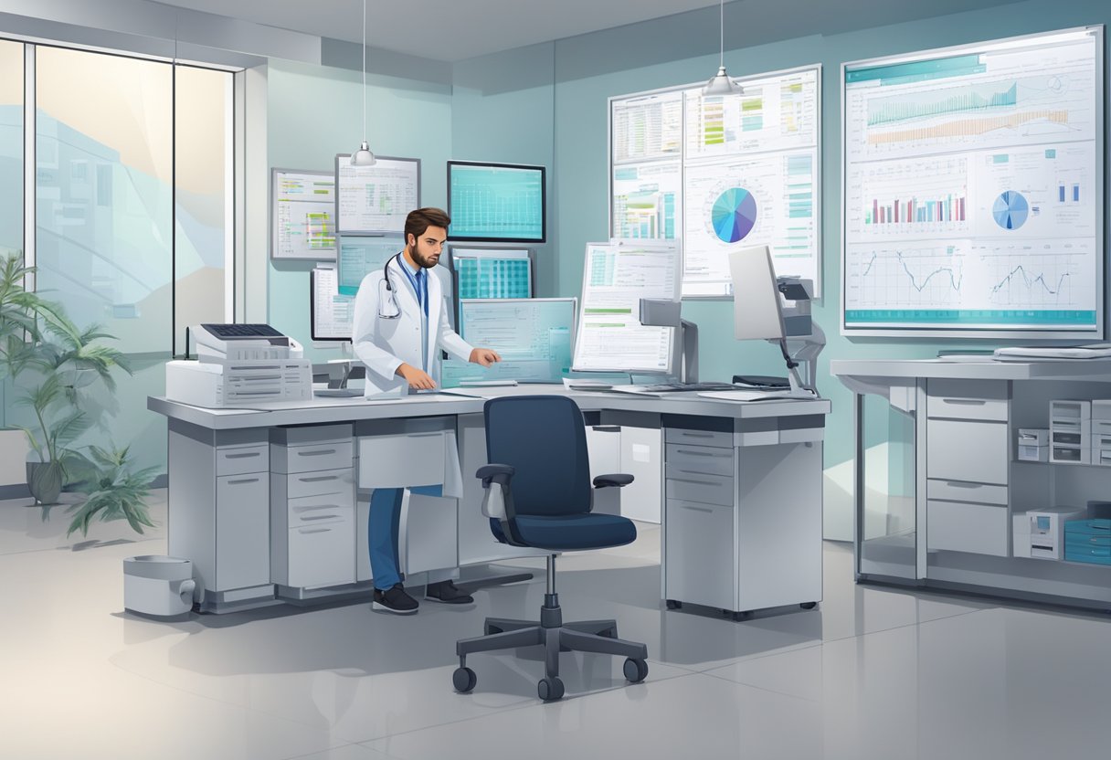 A doctor reviews medical charts in a modern clinic, surrounded by medical equipment and computers