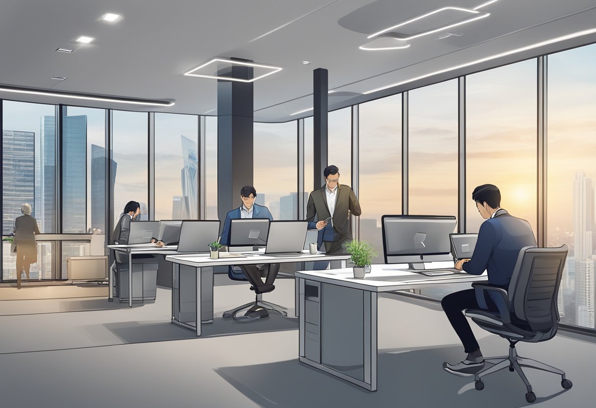 A modern office setting with two professionals using digital devices to complete property transactions, with the Inlis Singapore logo prominently displayed in the background