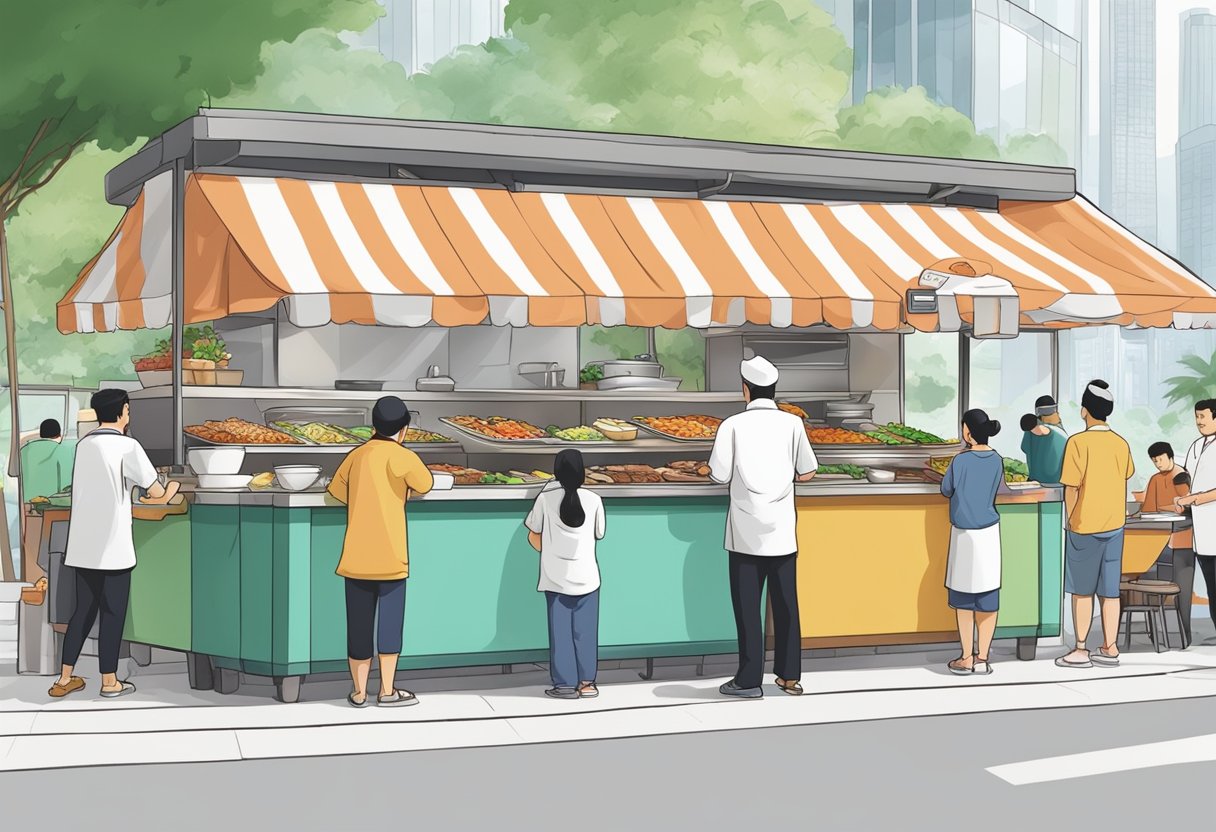 A bustling halal Korean food stall in Singapore, with customers queuing up and a chef preparing traditional dishes