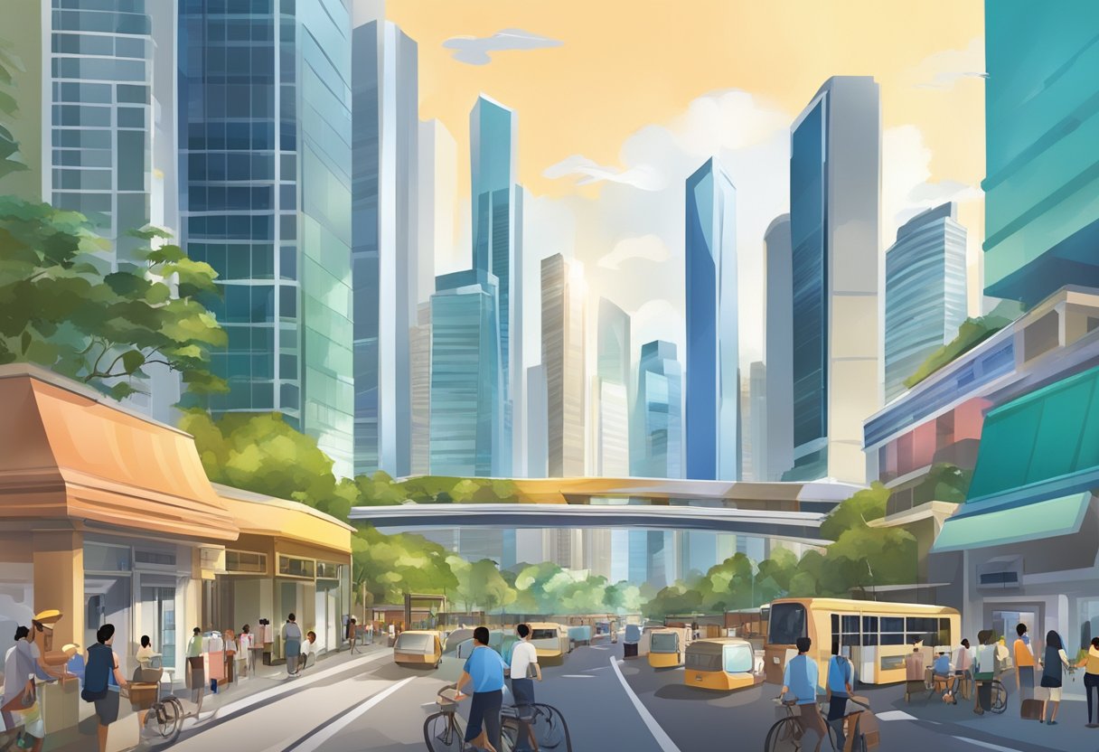 A bustling Singapore cityscape with modern skyscrapers and vibrant street scenes, showcasing the dynamic real estate market