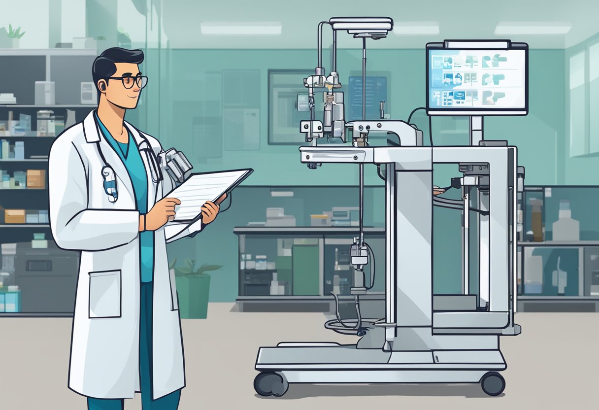 A person in a lab coat holding a clipboard, standing next to a medical machine with a "Frequently Asked Questions Full Body Checkup Singapore" sign above it