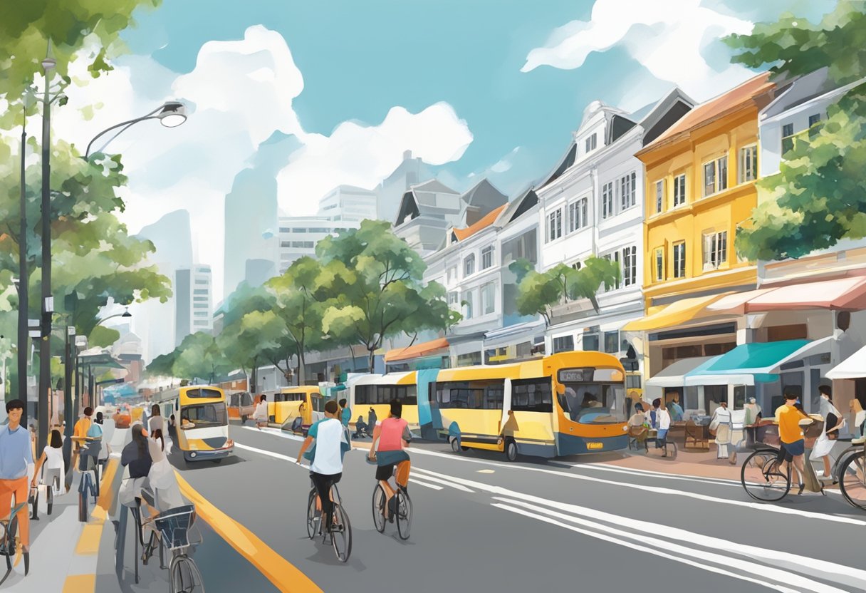 A bustling street with bicycles, buses, and pedestrians in Holland Village, Singapore. Cafes and shops line the road, with a mix of modern and traditional architecture