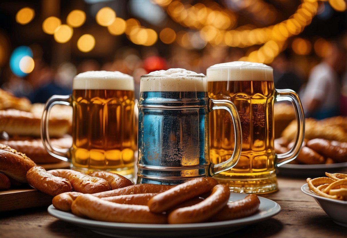 A festive scene with overflowing beer steins, pretzels, sausages, and traditional German dishes at Oktoberfest in Berlin. Vibrant colors and lively atmosphere