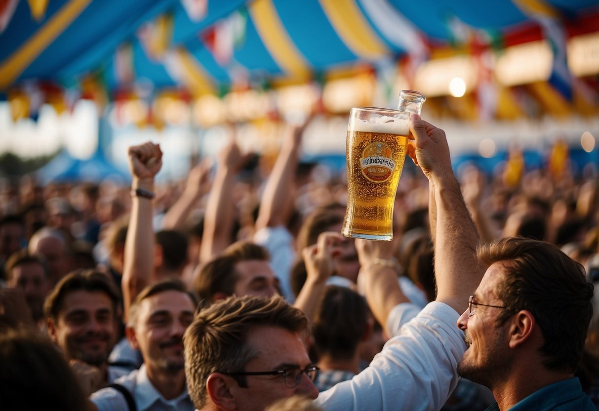 Crowds cheer as beer steins clink and bands play at Oktoberfest Berlin. Decorated tents and colorful flags create a festive atmosphere