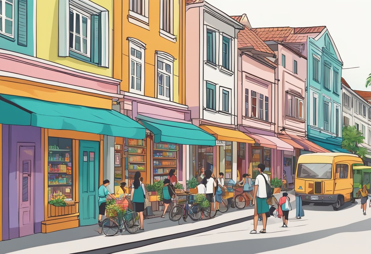 A bustling street in Holland Village, Singapore, with colorful shop fronts and a lively atmosphere. A sign reads "Frequently Asked Questions" in bold letters