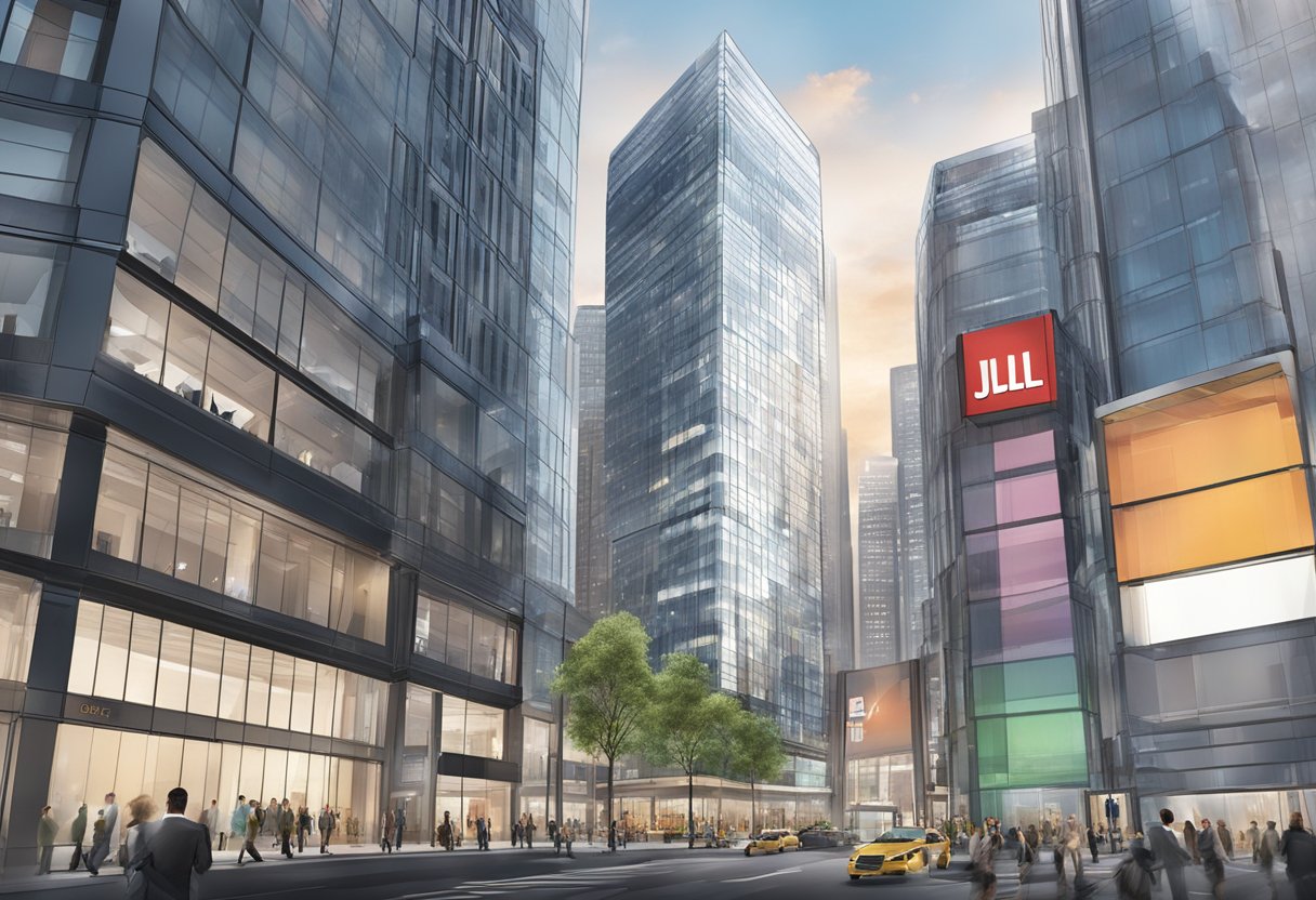 A modern office building with JLL's logo prominently displayed, surrounded by bustling city streets and skyscrapers