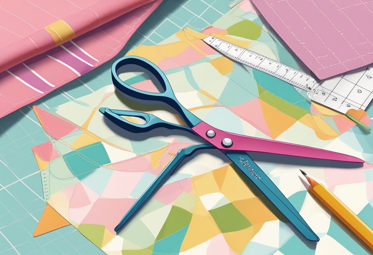 A pair of scissors cuts through colorful fabric, while a ruler and pencil mark out measurements for a tote bag with six pockets. Pins hold the pieces in place for sewing